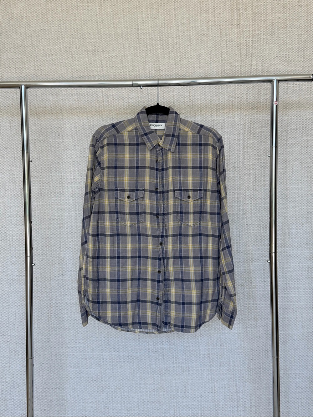 Saint Laurent Plaid Button-Down Shirt in Gray and Yellow